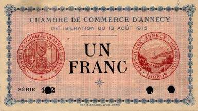 Billet de la Chambre de Commerce d'Annecy - 1 franc - délibération du 13 août 1915 - série 102 - spécimen annulé