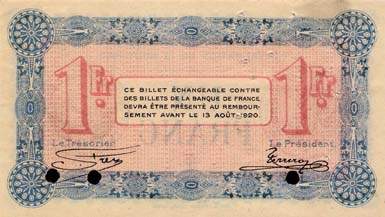 Billet de la Chambre de Commerce d'Annecy - 1 franc - dlibration du 13 aot 1915 - srie 102 - spcimen annul