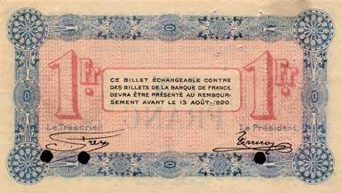Billet de la Chambre de Commerce d'Annecy - 1 franc - délibération du 13 août 1915 - série 102 - spécimen annulé