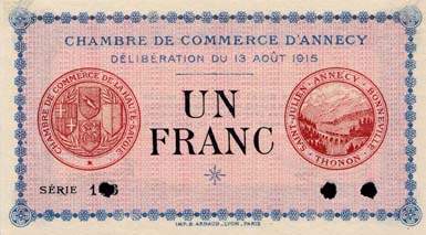 Billet de la Chambre de Commerce d'Annecy - 1 franc - dlibration du 13 aot 1915 - srie 103 - spcimen annul