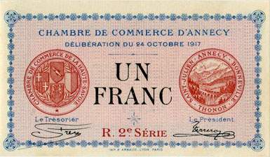 Billet de la Chambre de Commerce d'Annecy - 1 franc - délibération du 24 octobre 1917 - R.2e série - série 207 - n° 02,427