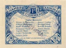 Billet de la Chambre de Commerce d'Annonay - 1 franc - délibération du 31 août 1914 - spécimen annulé