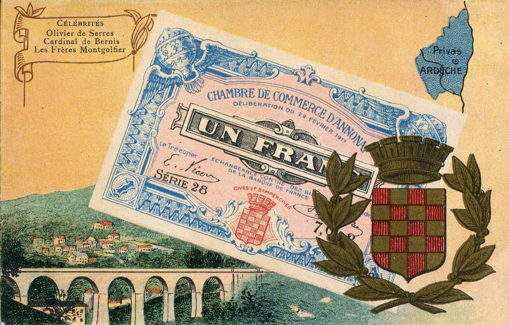 Carte postale représentant un billet de 1 franc délibération du 22 février 1917 série 28 de la Chambre de Commerce d'Annonay