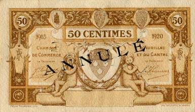 Billet de la Chambre de Commerce d'Aurillac et du Cantal - 50 centimes - 1920 - srie A - specimen annul