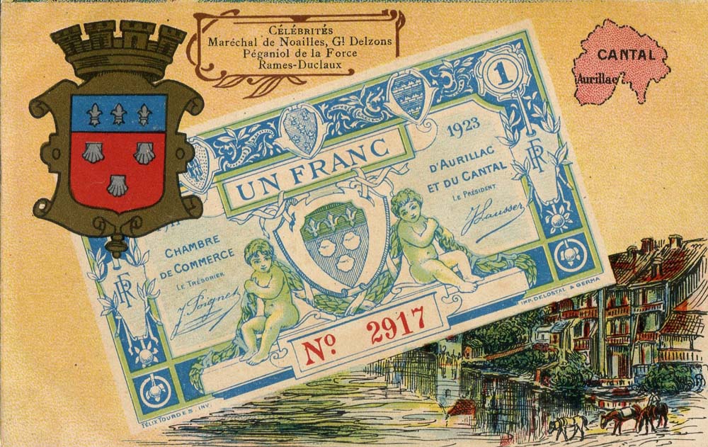 Carte postale reprsentant un billet de 1 franc 1923 n 2917 de la Chambre de Commerce d'Aurillac et du Cantal