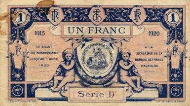 Billet de la Chambre de Commerce d'Aurillac et du Cantal - 1 franc 1915 - 1920 - srie D