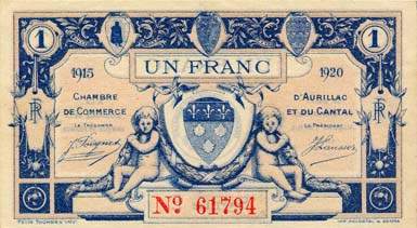Billet de la Chambre de Commerce d'Aurillac et du Cantal - 1 franc 1915 - 1920 - srie E