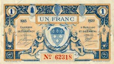 Billet de la Chambre de Commerce d'Aurillac et du Cantal - 1 franc 1915 - 1920 avec surcharge G T au verso