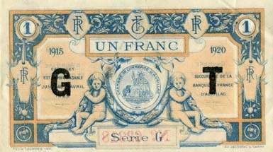 Billet de la Chambre de Commerce d'Aurillac et du Cantal - 1 franc 1915 - 1920 avec surcharge G T au verso