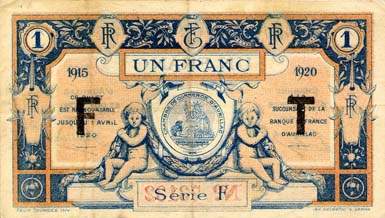 Billet de la Chambre de Commerce d'Aurillac et du Cantal - 1 franc 1915 - 1920 avec surcharge F T au verso