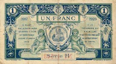 Billet de la Chambre de Commerce d'Aurillac et du Cantal - 1 franc 1917 - 1923 - srie H