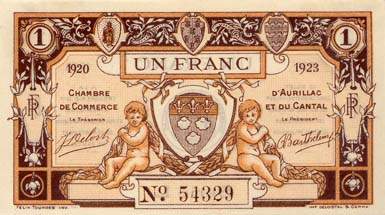 Billet de la Chambre de Commerce d'Aurillac et du Cantal - 1 franc 1920 - 1923 - srie L