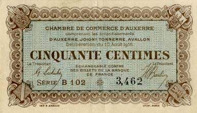 Billet de la Chambre de Commerce d'Auxerre - 50 centimes - délibération du 10 août 1916 - série B 102 - n° 3,462