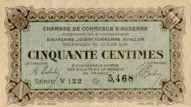 Billet de la Chambre de Commerce d'Auxerre - 50 centimes - délibération du 10 août 1916 - série V 122 - n° 5,468