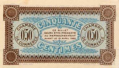 Billet de la Chambre de Commerce d'Auxerre - 50 centimes - Délibération du 12 avril 1917 - série E 105 - n° 14,099