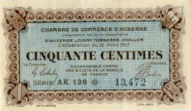Billet de la Chambre de Commerce d'Auxerre - 50 centimes - Dlibration du 12 avril 1917 - srie AK 136 - n 13,472