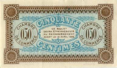 Billet de la Chambre de Commerce d'Auxerre - 50 centimes - Délibération du 12 avril 1917 - série AK 136 - n° 13,472