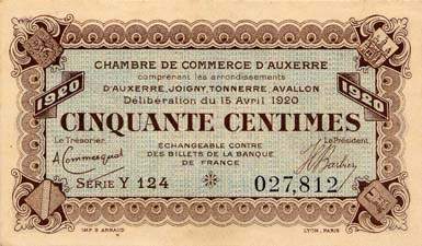 Billet de la Chambre de Commerce d'Auxerre - 50 centimes - Dlibration du 15 avril 1920 - srie Y 124