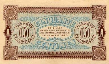 Billet de la Chambre de Commerce d'Auxerre - 50 centimes - Délibération du 15 avril 1920 - série Y 124