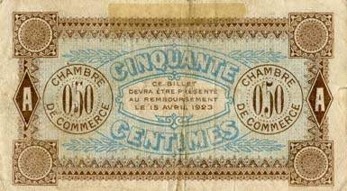 Billet de la Chambre de Commerce d'Auxerre - 50 centimes - Délibération du 15 avril 1920 - série AA 126