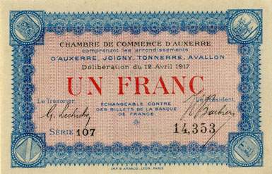 Billet de la Chambre de Commerce d'Auxerre - 1 franc - Délibération du 12 avril 1917 - série 107 - n° 14,353