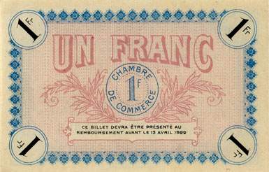 Billet de la Chambre de Commerce d'Auxerre - 1 franc - Délibération du 12 avril 1917 - série 107 - n° 14,353