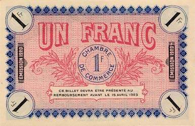 Billet de la Chambre de Commerce d'Auxerre - 1 franc - Délibération du 15 avril 1920