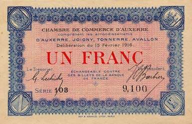 Billet de la Chambre de Commerce d'Auxerre - 1 franc - délibération du 15 février 1916 - sans filigrane