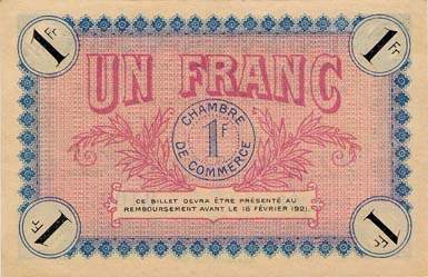 Billet de la Chambre de Commerce d'Auxerre - 1 franc - délibération du 15 février 1916 - sans filigrane