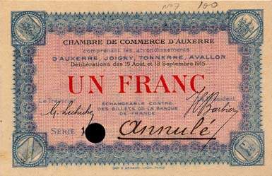 Billet de la Chambre de Commerce d'Auxerre - 1 franc - délibérations des 19 août et 13 septembre 1915 - spécimen annulé