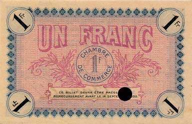 Billet de la Chambre de Commerce d'Auxerre - 1 franc - délibérations des 19 août et 13 septembre 1915 - spécimen annulé
