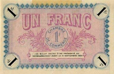 Billet de la Chambre de Commerce d'Auxerre - 1 franc - délibérations des 19 août et 13 septembre 1915