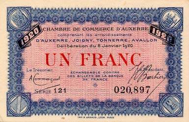 Billet de la Chambre de Commerce d'Auxerre - 1 franc - délibération du 8 janvier 1920