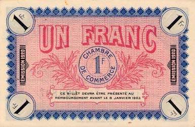 Billet de la Chambre de Commerce d'Auxerre - 1 franc - délibération du 8 janvier 1920