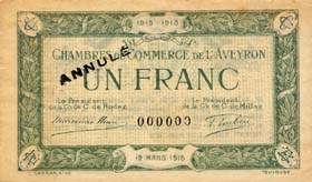 Billet de la Chambre de Commerce de l'Aveyron (Rodez et Millau) - 1 franc - dlibration du 12 mars 1915 - spcimen annul 000000 - petites lettres