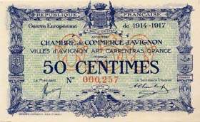 Billet de la Chambre de Commerce d'Avignon - Villes d'Avignon, Apt, Carpentras, Orange - 50 centimes - Délibération du 11 août 1915 - Première émission de remplacement
