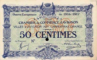 Billet de la Chambre de Commerce d'Avignon - Villes d'Avignon, Apt, Carpentras, Orange - 50 centimes - Dlibration du 11 aot 1915 - Guerre Europenne de 1914-1915 - spcimen