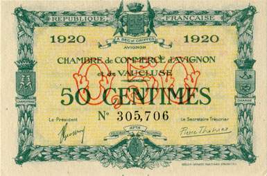 Billet de la Chambre de Commerce d'Avignon - Villes d'Avignon, Apt, Carpentras, Orange - 50 centimes - n 305,706 - Deuxime mission de remplacement 1920