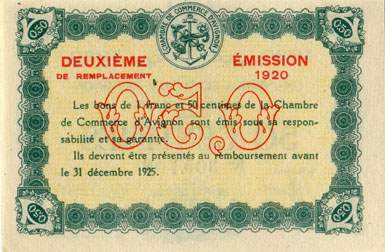 Billet de la Chambre de Commerce d'Avignon - Villes d'Avignon, Apt, Carpentras, Orange - 50 centimes - n 305,706 - Deuxime mission de remplacement 1920