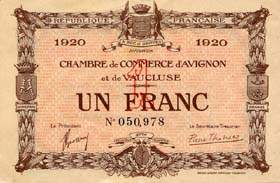 Billet de la Chambre de Commerce d'Avignon - Villes d'Avignon, Apt, Carpentras, Orange - 1 franc - Deuxième émission de remplacement 1920