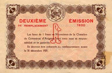 Billet de la Chambre de Commerce d'Avignon - Villes d'Avignon, Apt, Carpentras, Orange - 1 franc - Deuxime mission de remplacement 1920