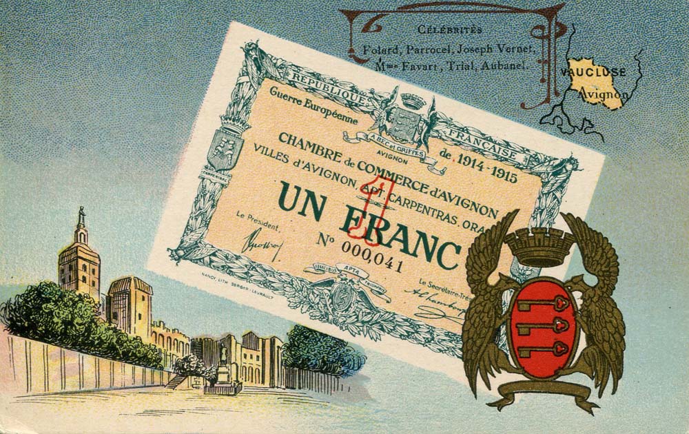 Carte postale représentant un billet de 1 franc n° 000,041 de la Chambre de Commerce d'Avignon