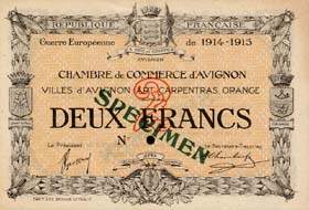 Billet de la Chambre de Commerce d'Avignon - Villes d'Avignon, Apt, Carpentras, Orange - 2 franc - Délibération du 11 août 1915 - Guerre Européenne de 1914-1915 - spécimen