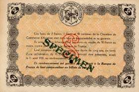Billet de la Chambre de Commerce d'Avignon - Villes d'Avignon, Apt, Carpentras, Orange - 2 francs - Délibération du 11 août 1915 - Guerre Européenne de 1914-1915 - spécimen