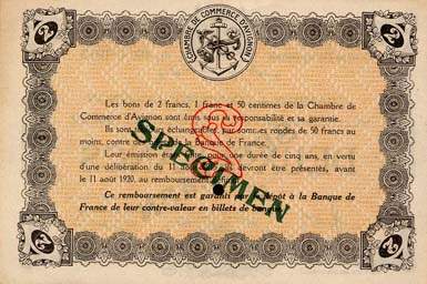Billet de la Chambre de Commerce d'Avignon - Villes d'Avignon, Apt, Carpentras, Orange - 2 francs - Dlibration du 11 aot 1915 - Guerre Europenne de 1914-1915 - spcimen