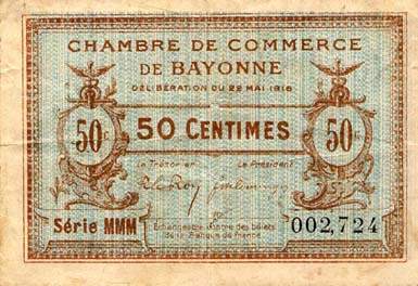 Billet de la Chambre de Commerce de Bayonne - 50 centimes - délibération du 22 mai 1916