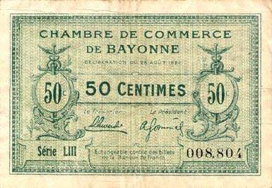 Billet de la Chambre de Commerce de Bayonne - 50 centimes - délibération du 26 août 1921