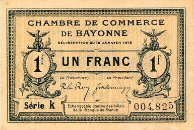 Billet de la Chambre de Commerce de Bayonne - 1 franc - délibération du 16 janvier 1915 - série K - n° 004,825