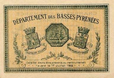 Billet de la Chambre de Commerce de Bayonne - 1 franc - délibération du 19 mai 1917 - série 12 - n° 004,265