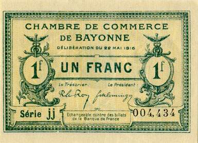 Billet de la Chambre de Commerce de Bayonne - 1 franc - délibération du 22 mai 1916 - série JJ - n° 004,434